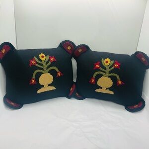 VTG 2 Folk Art/Primitive Hand Stitched Wool/Felt Black Pillows Applied Flowers
